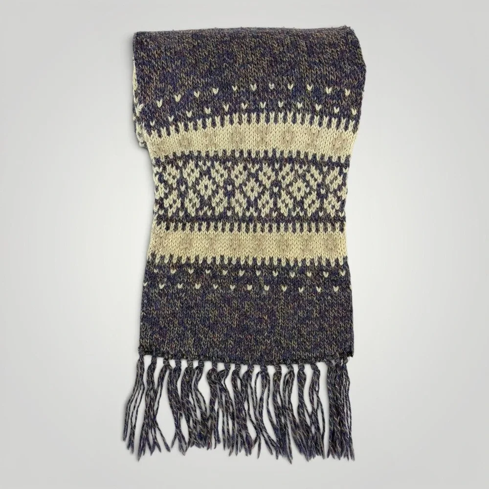Eastern Mountain Sports Wool Scarf Purple Fair Isle Fringe USA Winter Knit